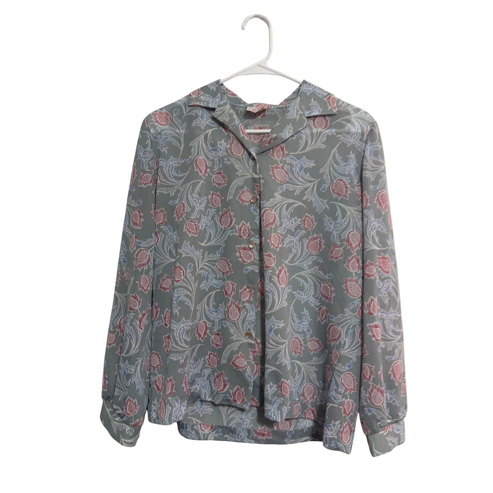 Graff Californiawear Blouse Vintage Floral‎ Paisley Blue Red Camp Collar